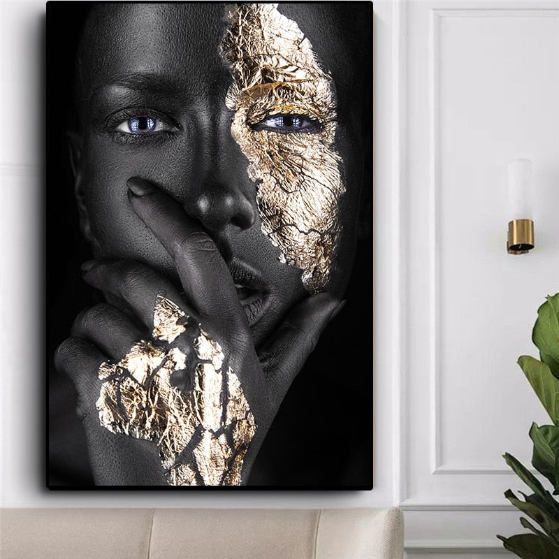 African Art Black and Gold Woman Print